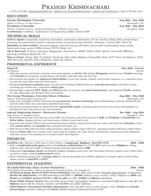 First page of Pramod Krishnachari’s AI Engineer Resume